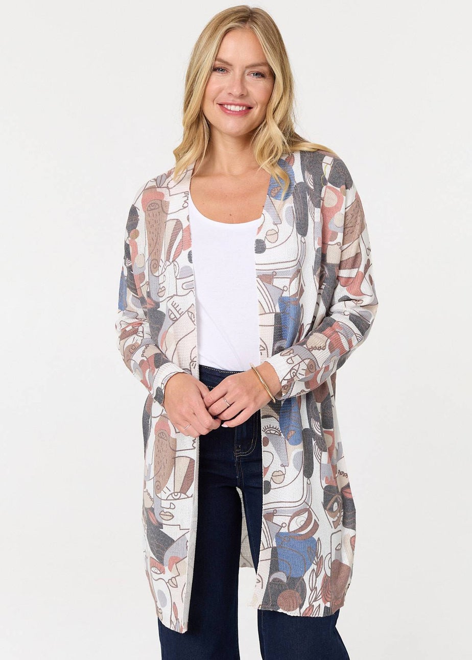 Izabel London White Abstract Open Front Longline Cardigan