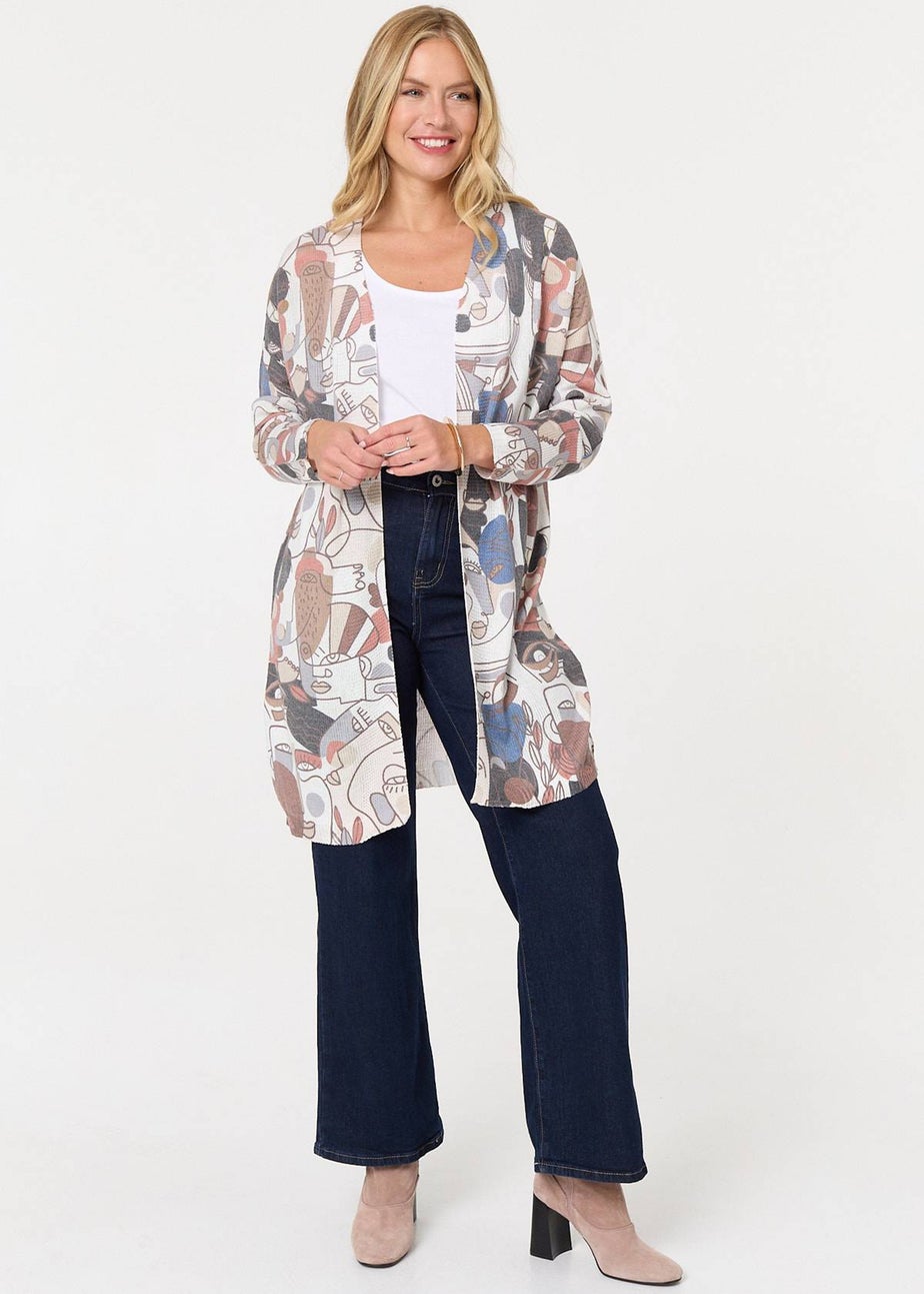 Izabel London White Abstract Open Front Longline Cardigan