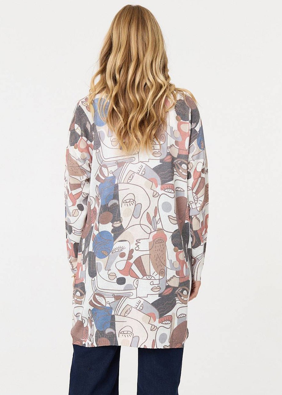 Izabel London White Abstract Open Front Longline Cardigan