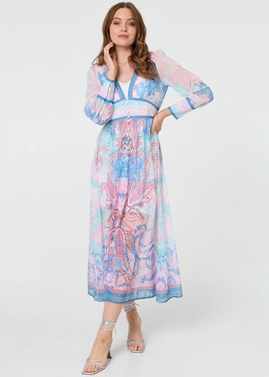 Izabel London Blue Border Print Layered Empire Midi Dress