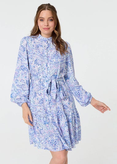 Izabel London Blue Printed High Neck Short Shirt Dress