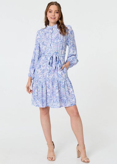 Izabel London Blue Printed High Neck Short Shirt Dress