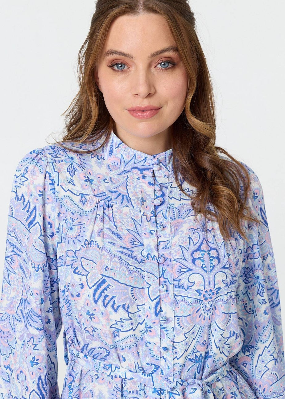 Izabel London Blue Printed High Neck Short Shirt Dress
