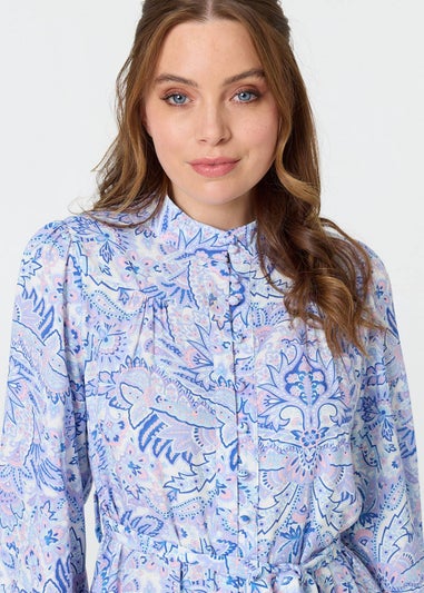 Izabel London Blue Printed High Neck Short Shirt Dress