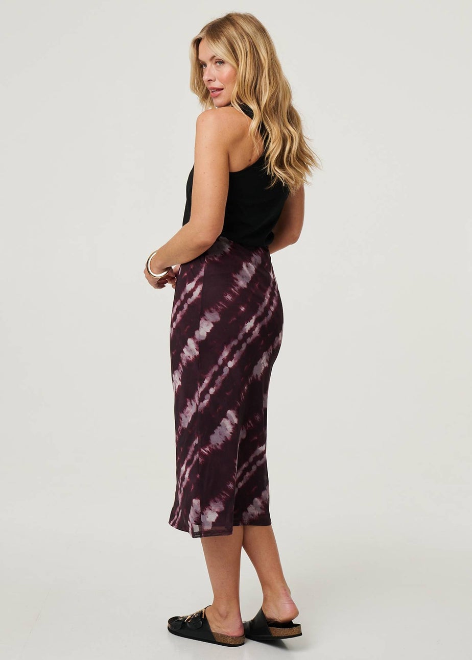 Izabel London Burgundy Tie Dye Ruched High Waist Midi Skirt