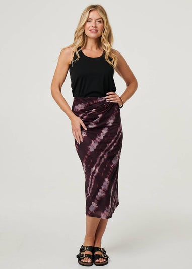Izabel London Burgundy Tie Dye Ruched High Waist Midi Skirt