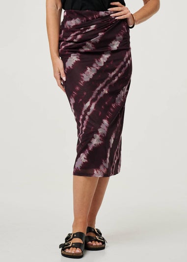 Izabel London Burgundy Tie Dye Ruched High Waist Midi Skirt