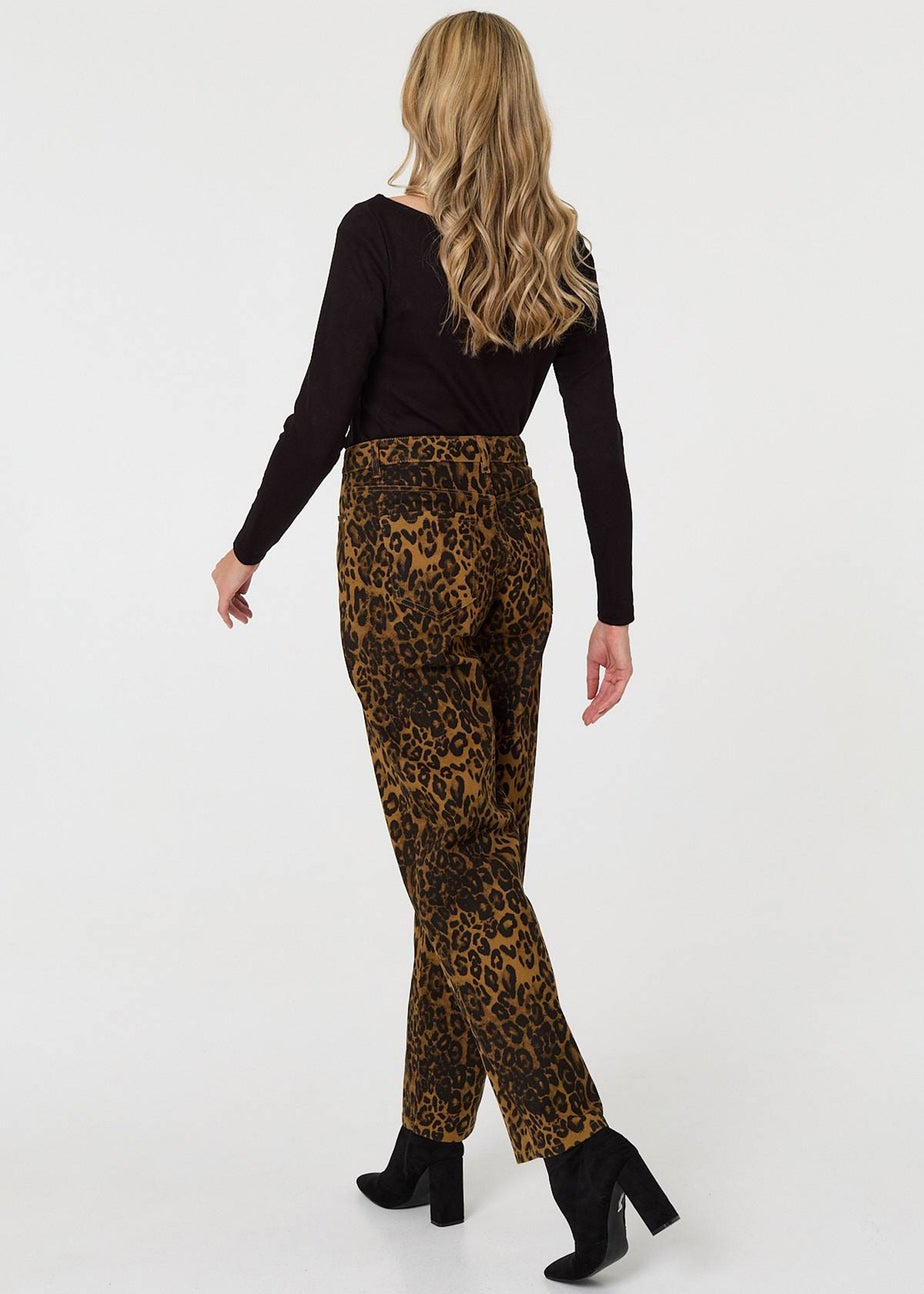 Izabel London Brown Animal Print High Waist Wide Leg Jeans