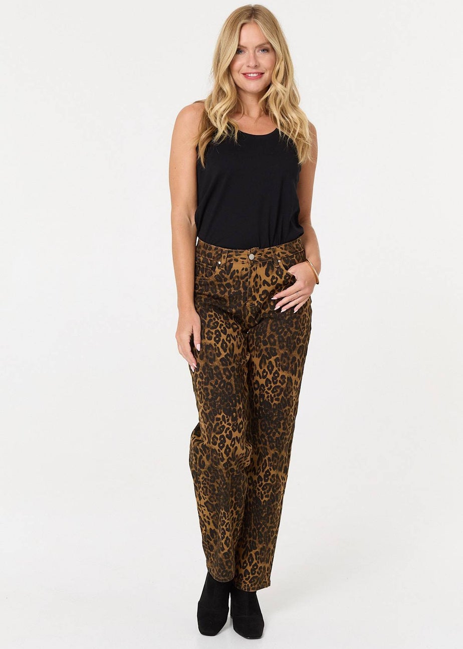 Izabel London Brown Animal Print High Waist Wide Leg Jeans