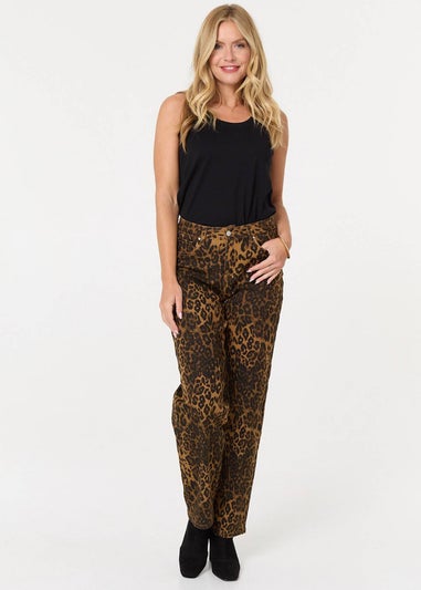 Izabel London Brown Animal Print High Waist Wide Leg Jeans