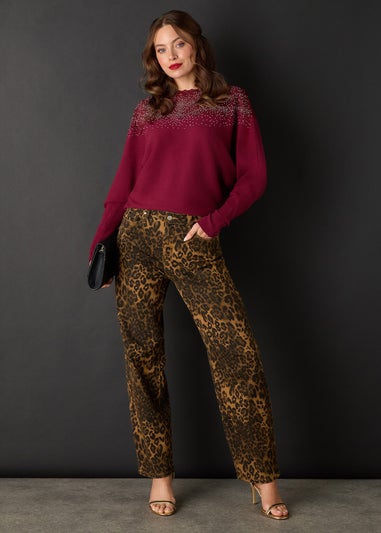 Izabel London Brown Animal Print High Waist Wide Leg Jeans