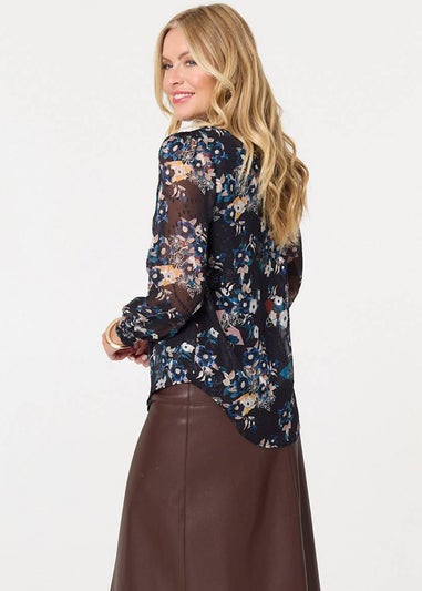 Izabel London Blue Floral Semi Sheer Long Sleeve Blouse