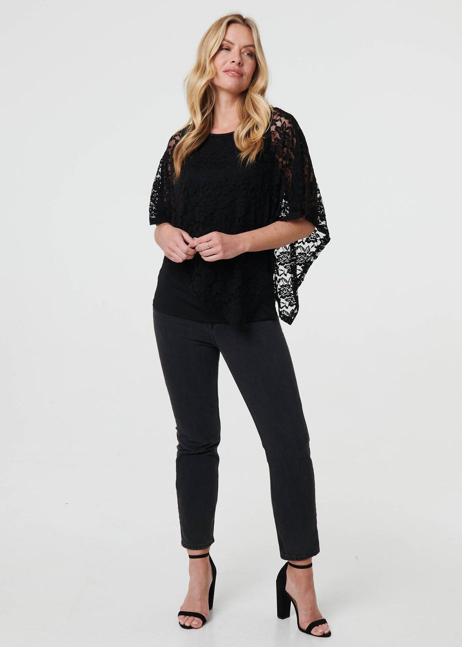 Izabel London Black Floral Lace Asymmetric Layered Top