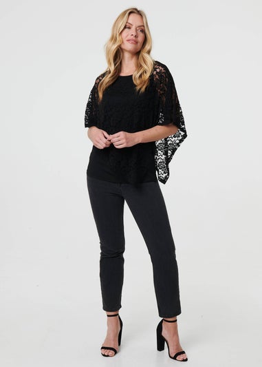 Izabel London Black Floral Lace Asymmetric Layered Top