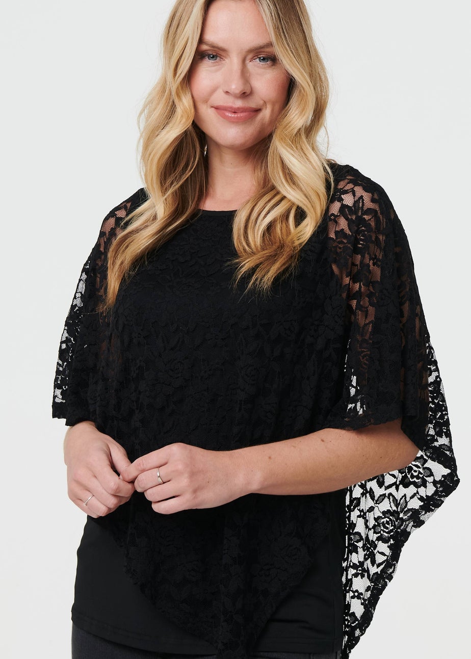 Izabel London Black Floral Lace Asymmetric Layered Top