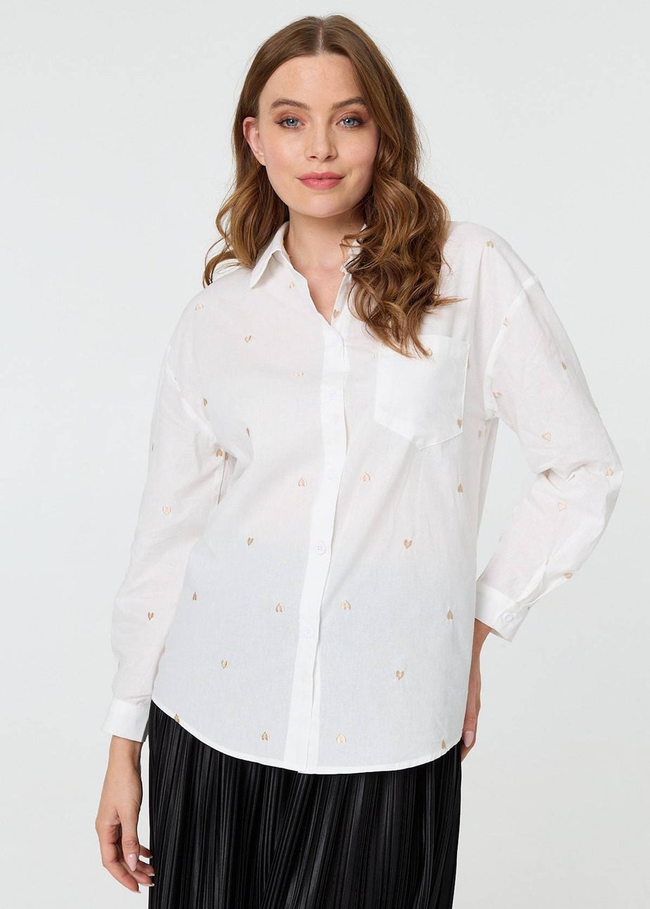 Izabel London White Heart Embroidered Long Sleeve Shirt