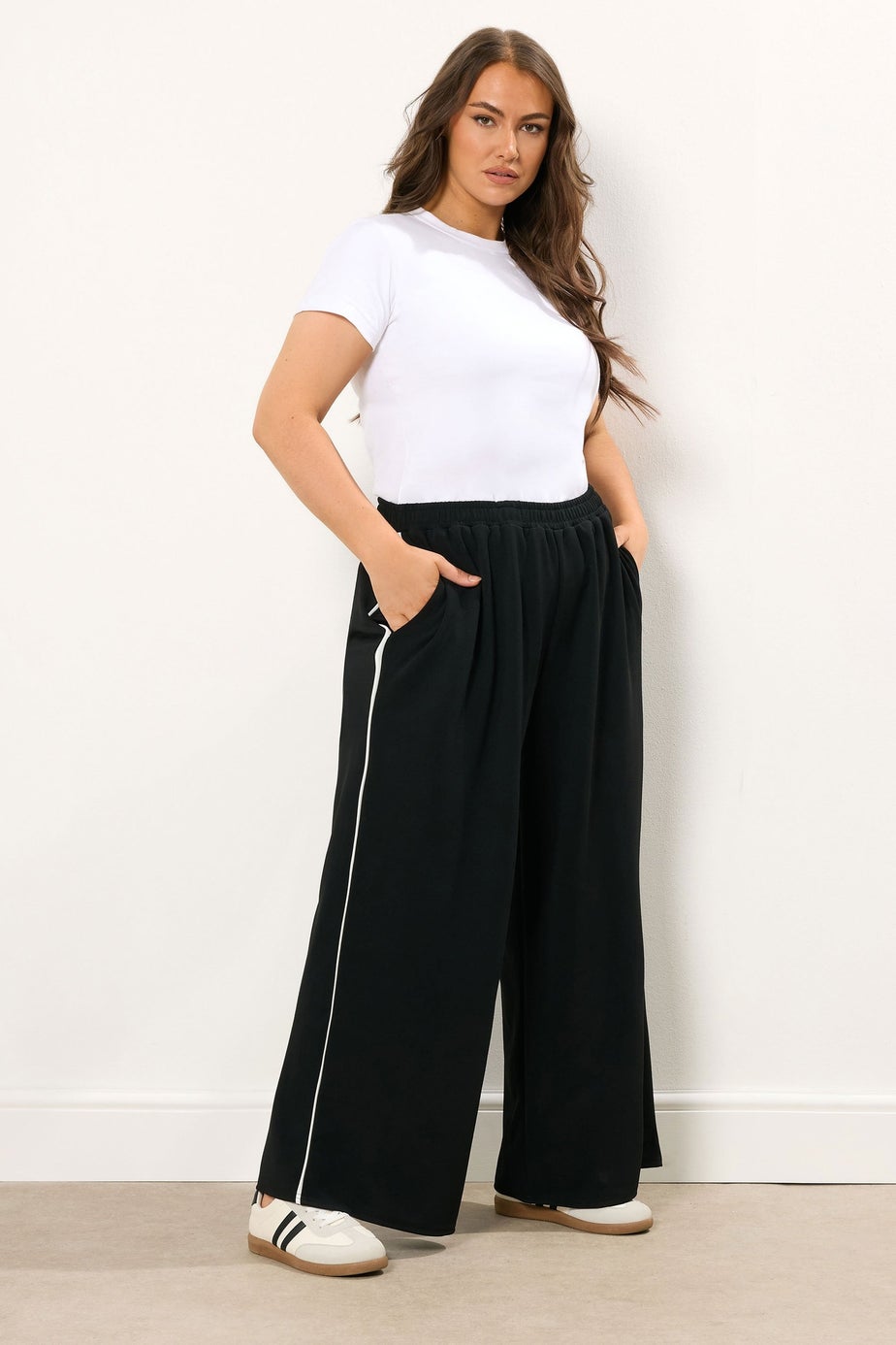 Yours Curve Black Scuba Side Stripe Wide Leg Trousers