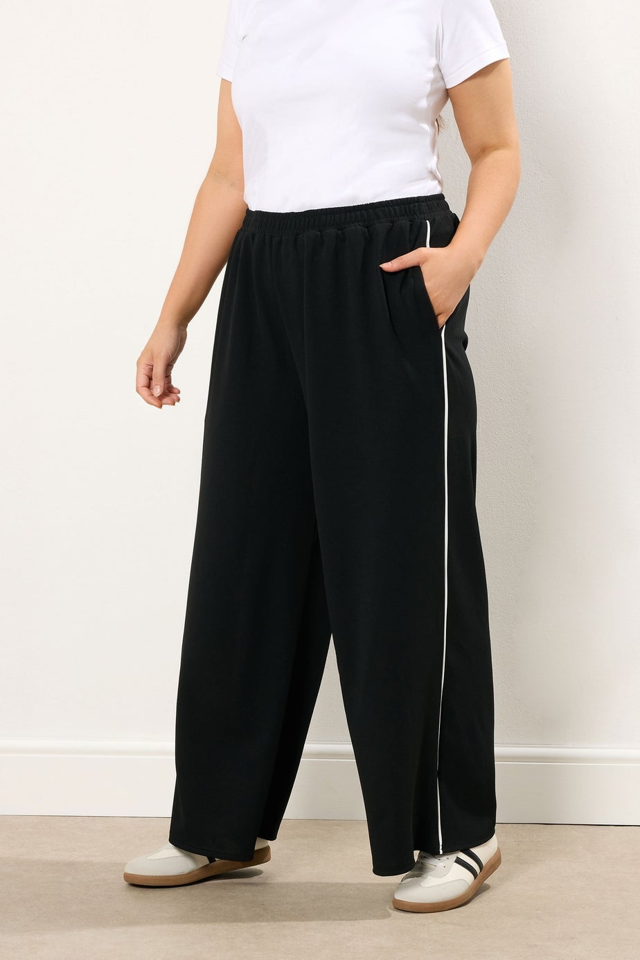 Yours Curve Black Scuba Side Stripe Wide Leg Trousers