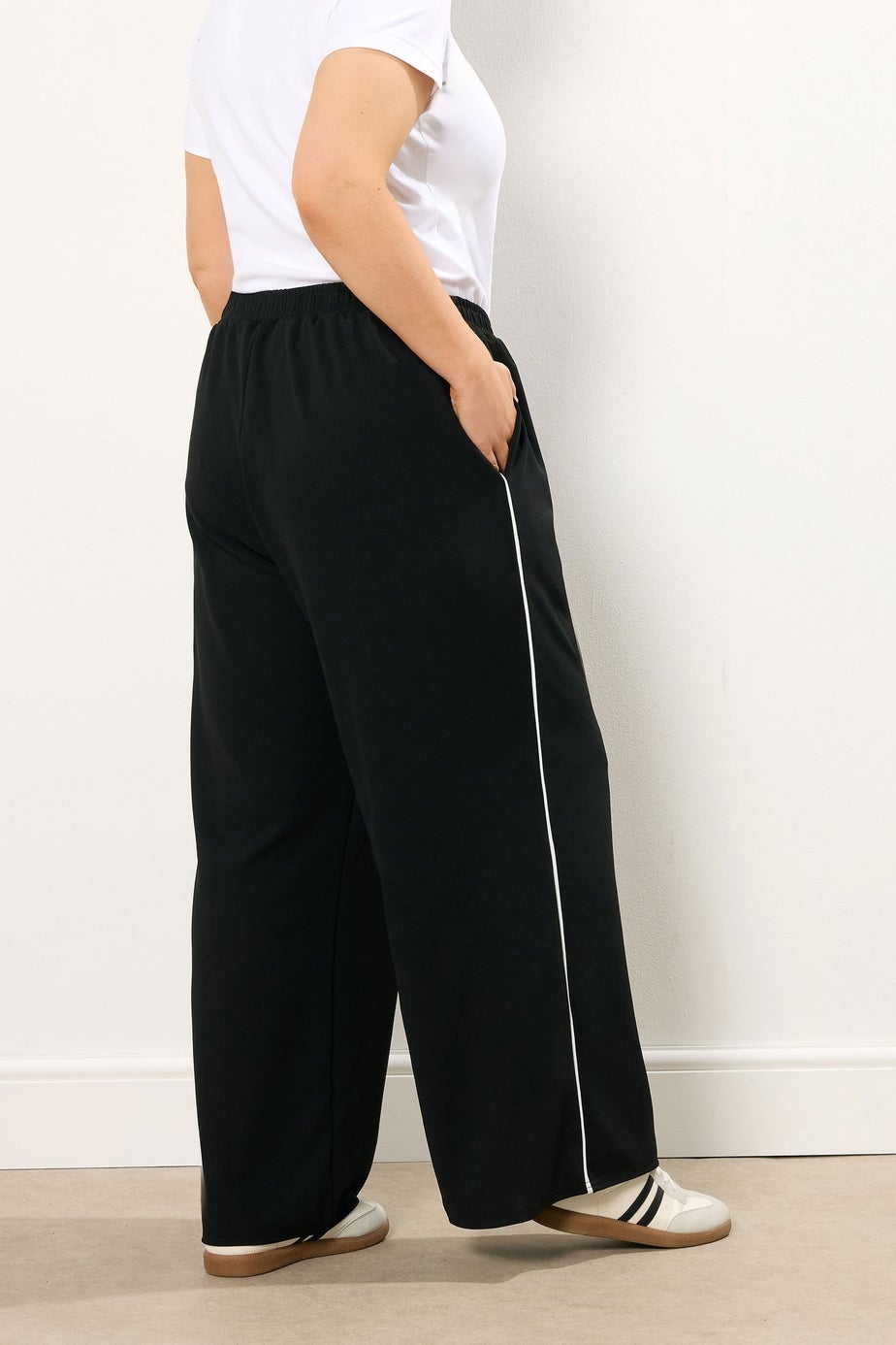 Yours Curve Black Scuba Side Stripe Wide Leg Trousers