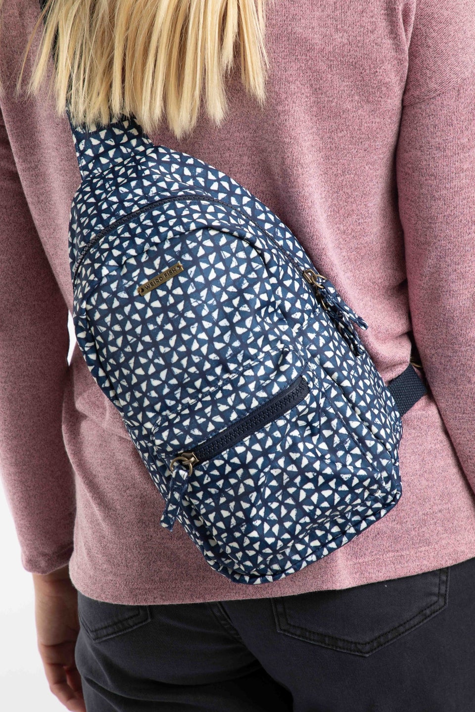 Weird Fish Navy Hanni Printed Mono Strap Bag