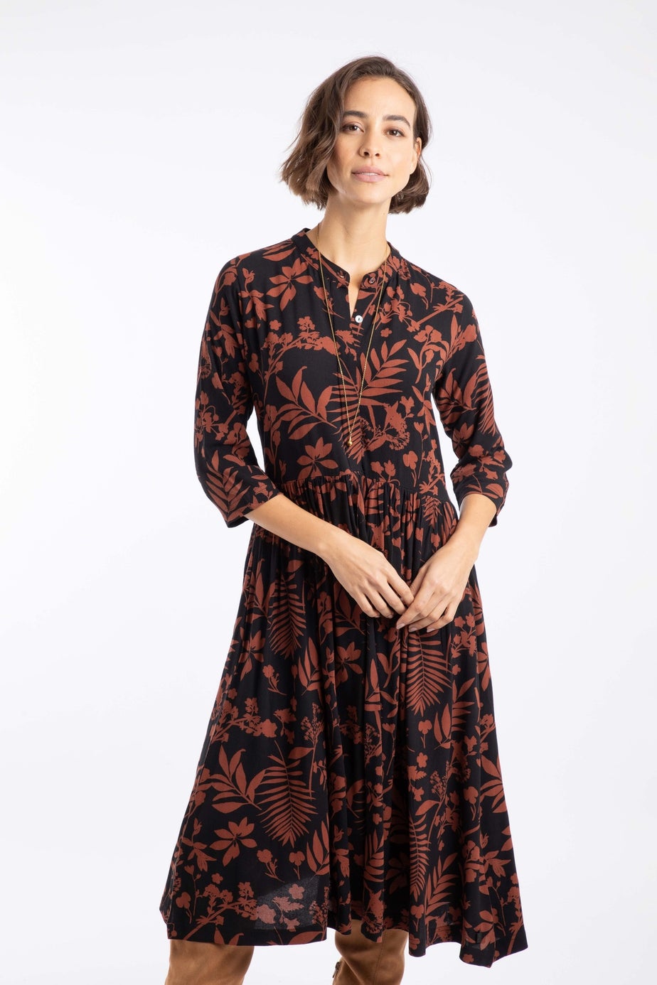 Weird Fish Bitter Chocolate Hellen Printed Crepe Shirt Dress
