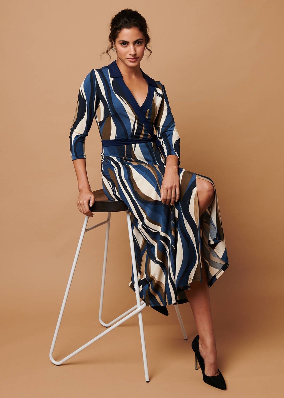 Izabel London Blue Striped 3/4 Sleeve Midi Wrap Dress