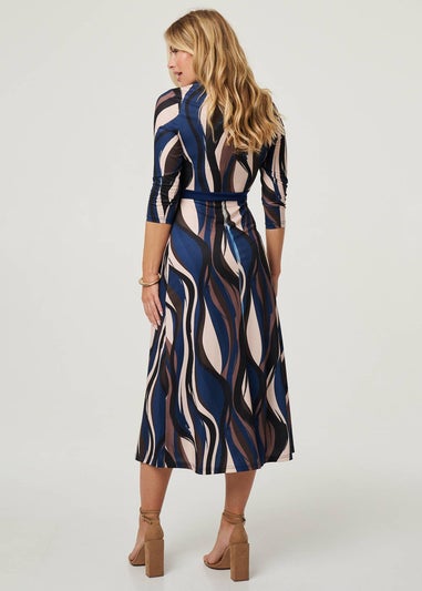 Izabel London Blue Striped 3/4 Sleeve Midi Wrap Dress