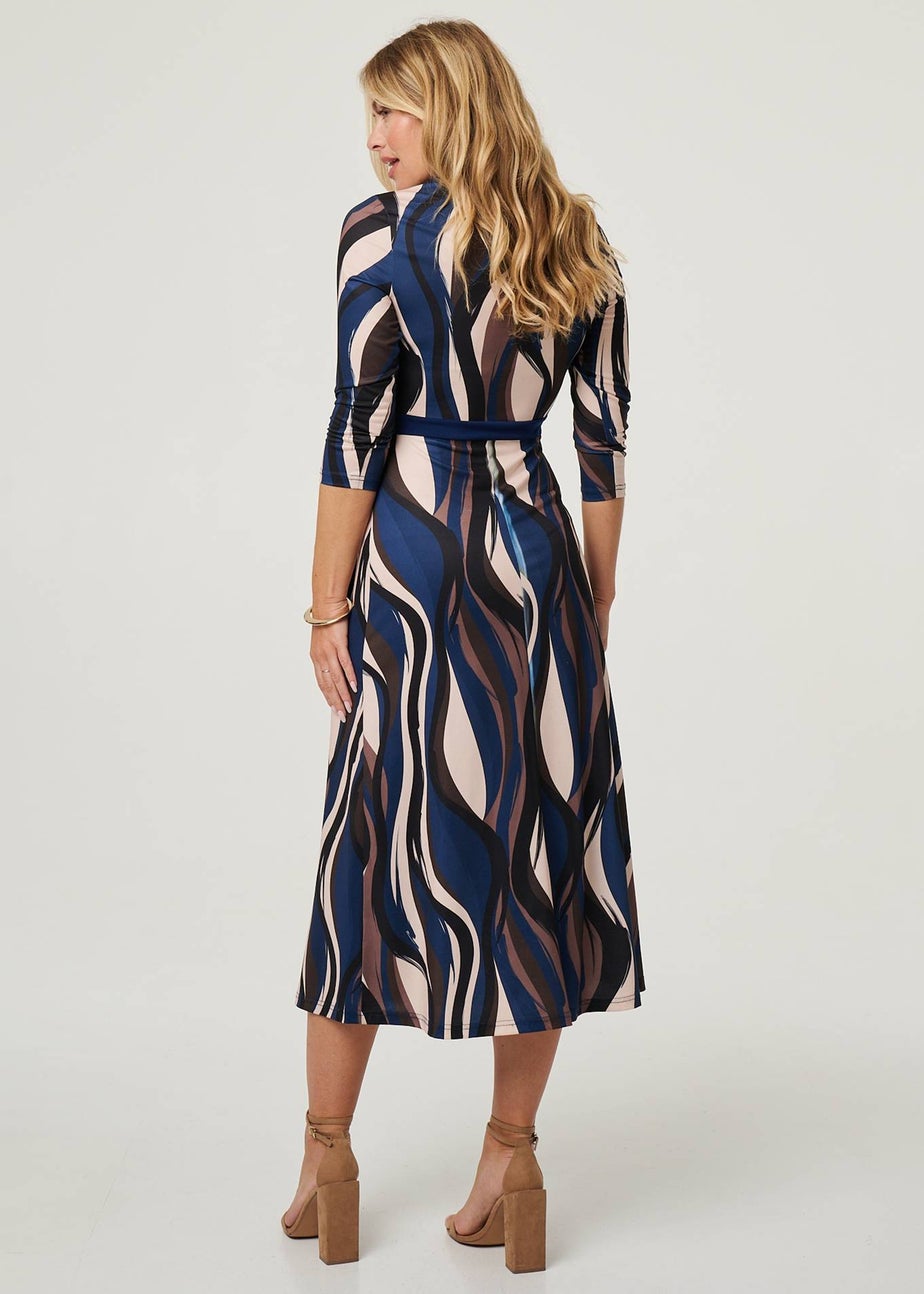 Izabel London Blue Striped 3/4 Sleeve Midi Wrap Dress