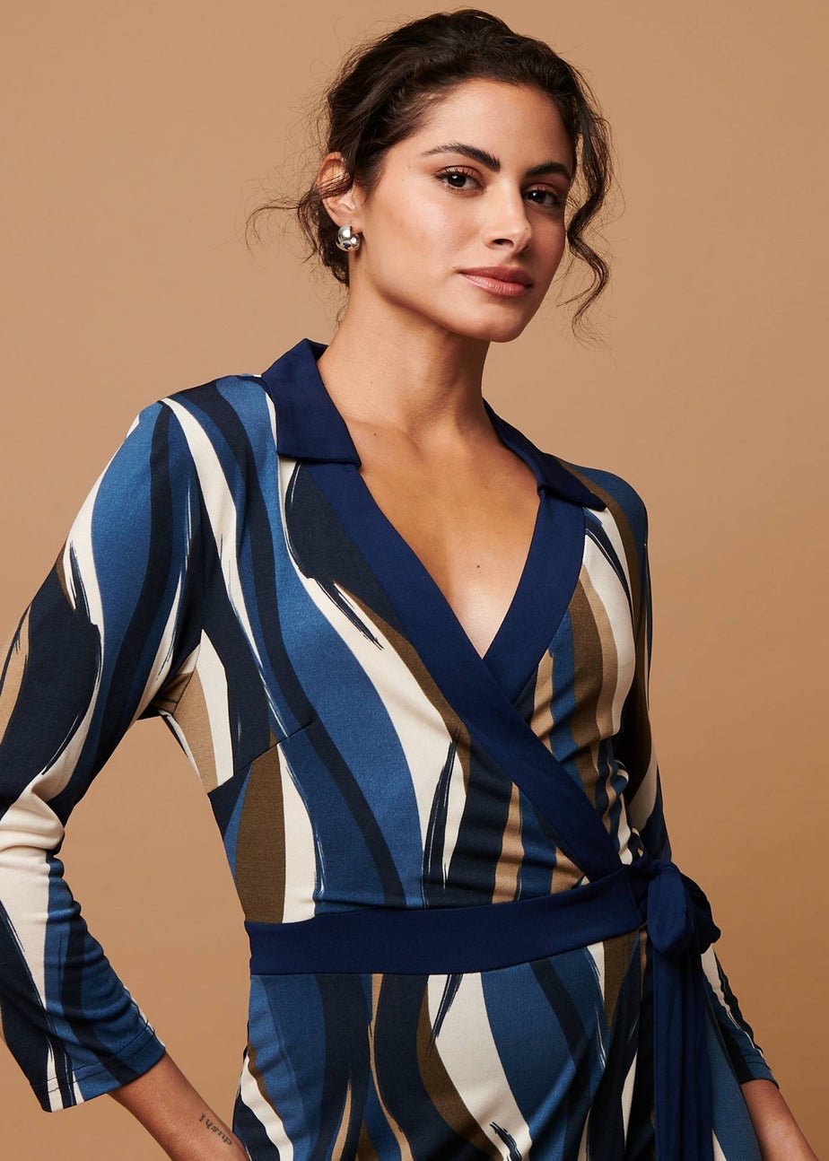 Izabel London Blue Striped 3/4 Sleeve Midi Wrap Dress
