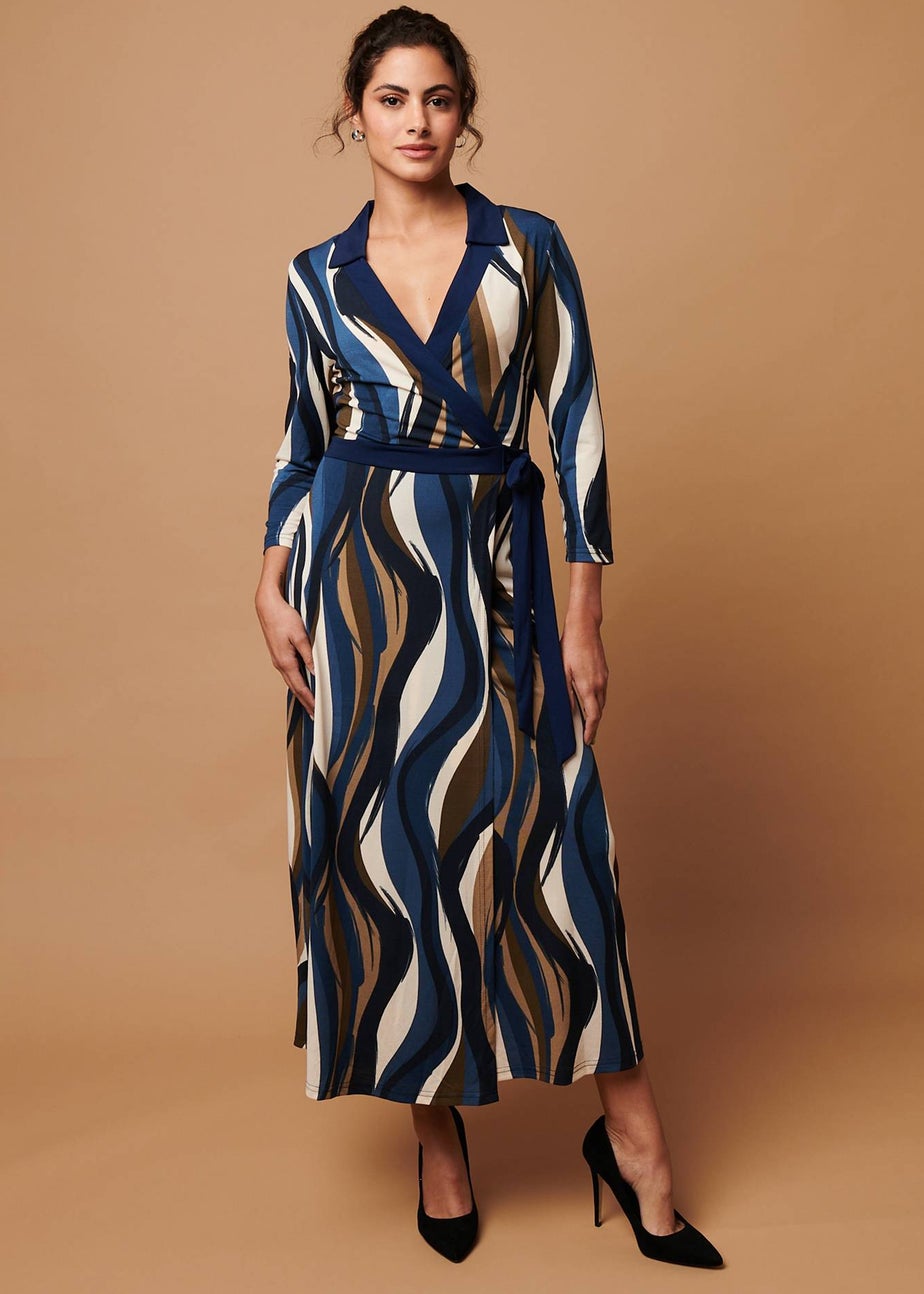 Izabel London Blue Striped 3/4 Sleeve Midi Wrap Dress
