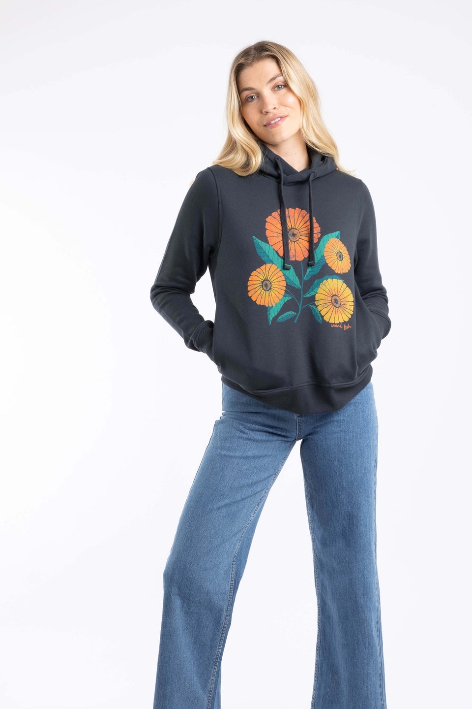 Weird Fish Navy Topaz Front Print Popover Hoodie