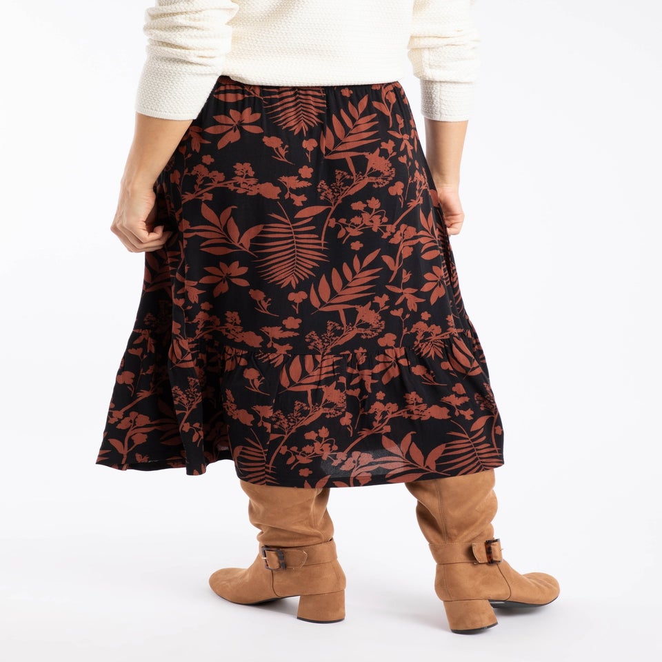 Weird Fish Bitter Chocolate Minnerve Tiered Printed Midi Skirt