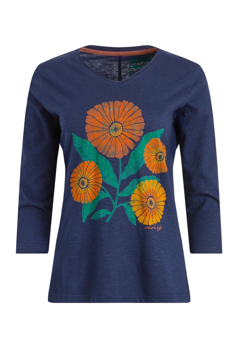 Weird Fish Navy Flower Power Front Print 3/4 Sleeve Graphic T-Shirt