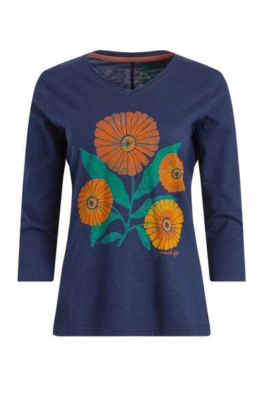 Weird Fish Navy Flower Power Front Print 3/4 Sleeve Graphic T-Shirt