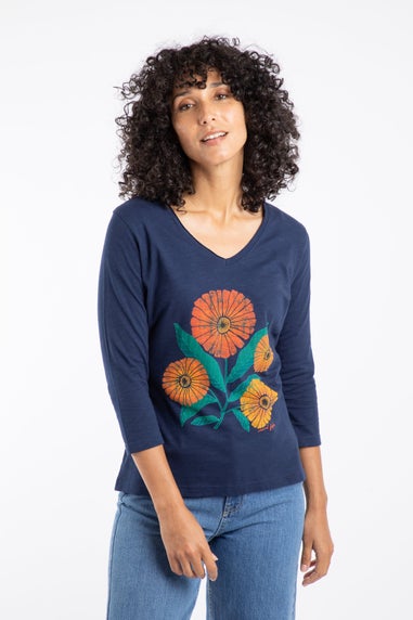 Weird Fish Navy Flower Power Front Print 3/4 Sleeve Graphic T-Shirt