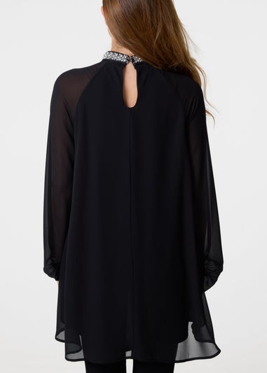 Blue Vanilla Black Embellished Collar Tunic Top
