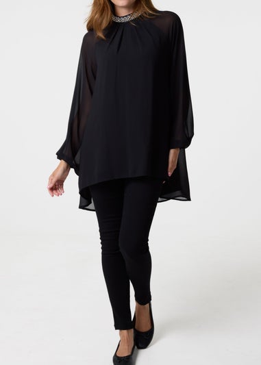 Blue Vanilla Black Embellished Collar Tunic Top