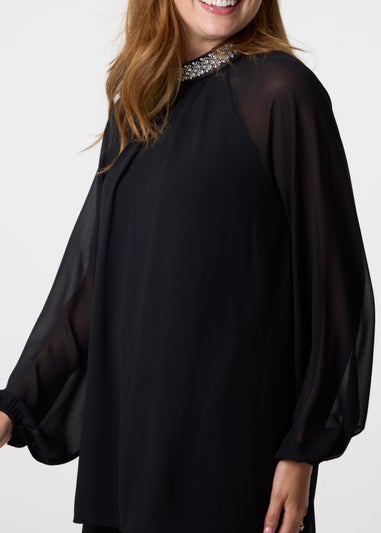 Blue Vanilla Black Embellished Collar Tunic Top