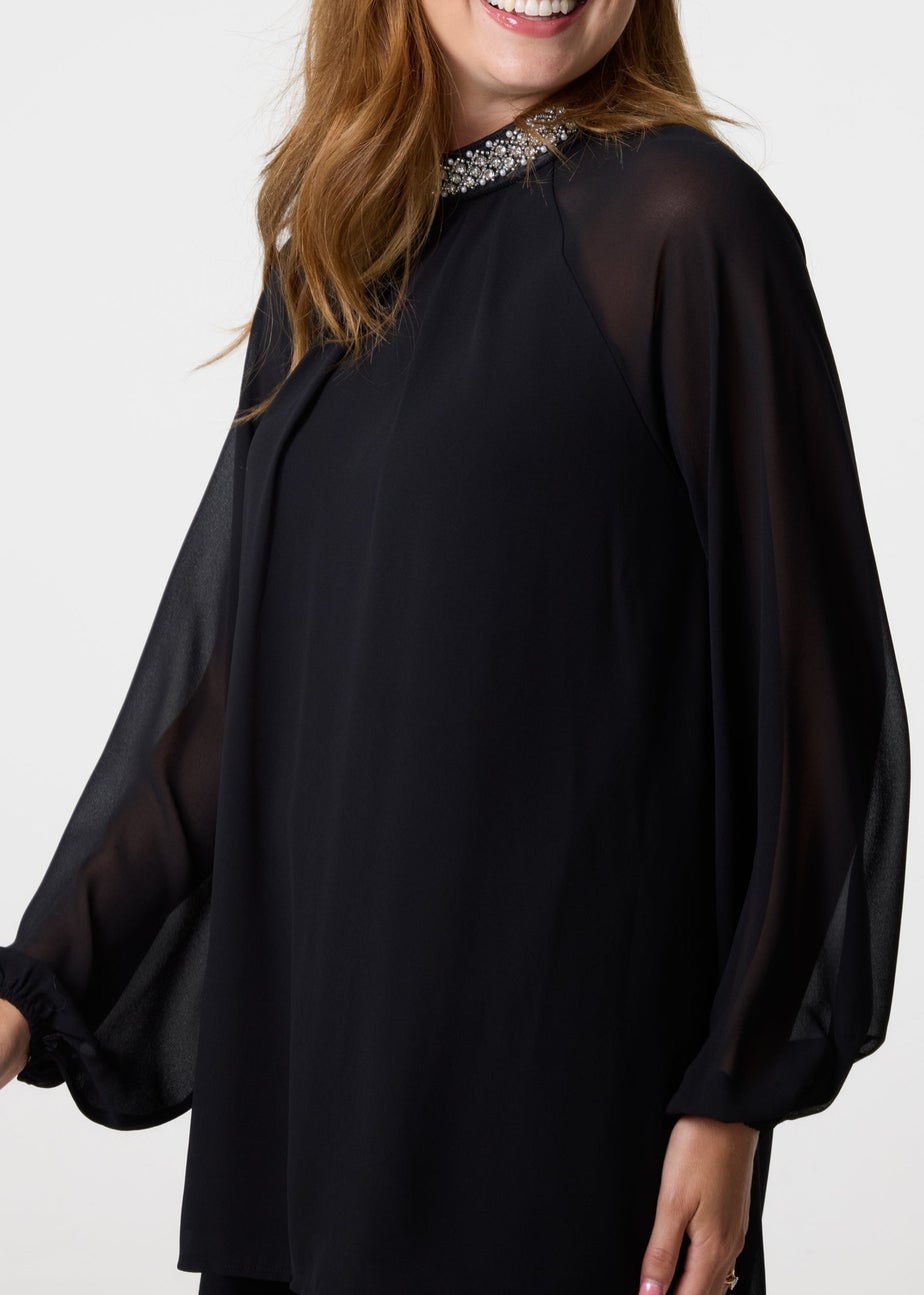 Blue Vanilla Black Embellished Collar Tunic Top