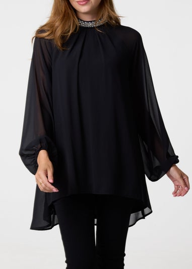Blue Vanilla Black Embellished Collar Tunic Top