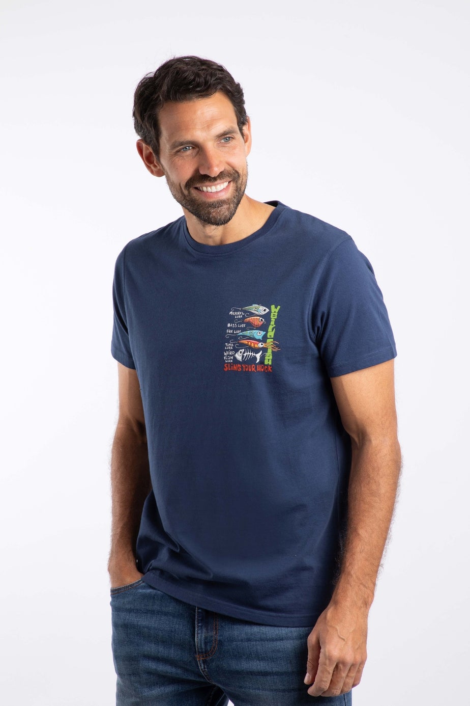 Weird Fish Dark Blue Sling Your Hook Back Print Artist T-Shirt