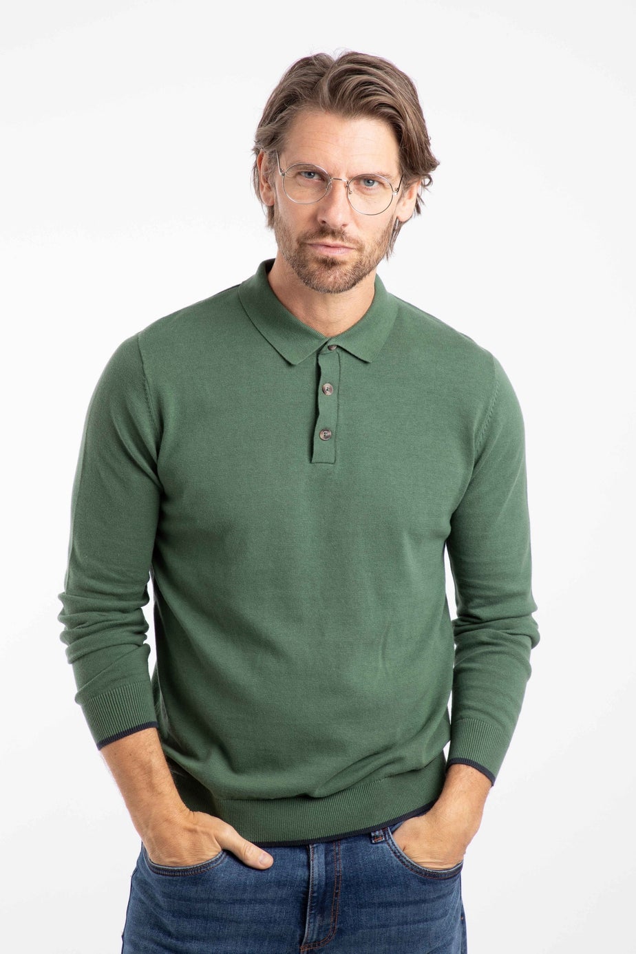 Weird Fish Army Green Alden Long Sleeve Knitted Polo Shirt