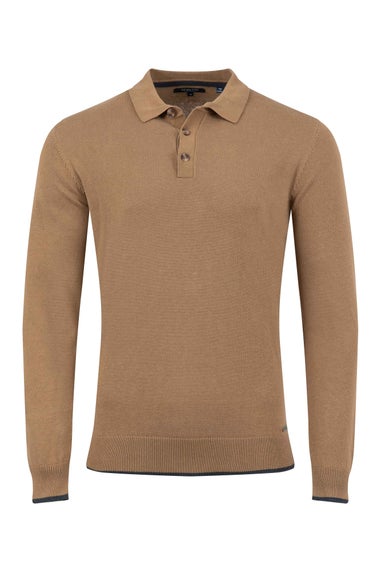 Weird Fish Mocha Alden Long Sleeve Knitted Polo Shirt