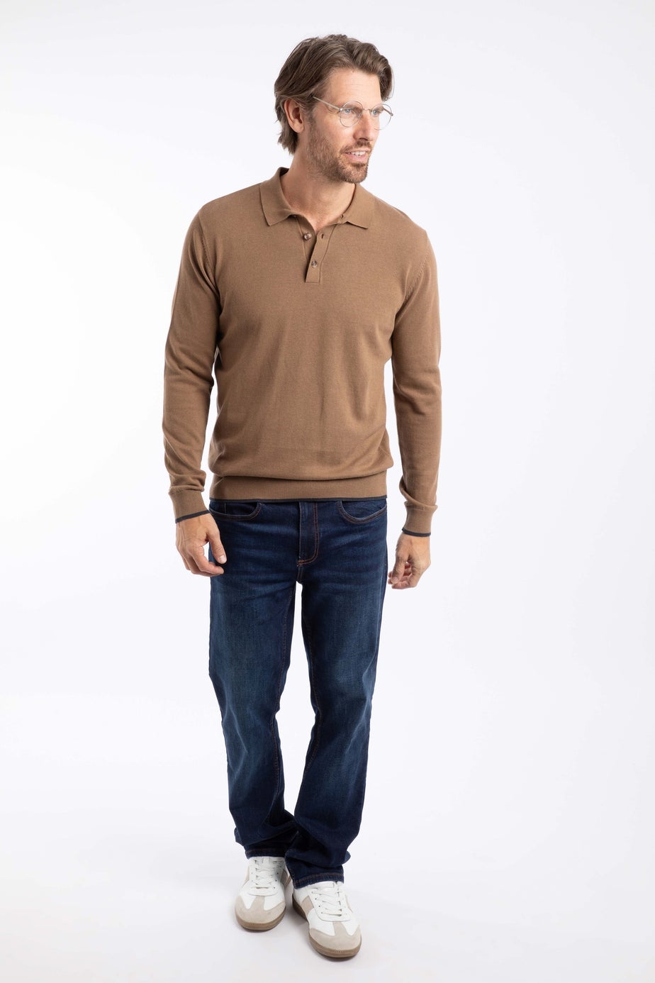 Weird Fish Mocha Alden Long Sleeve Knitted Polo Shirt