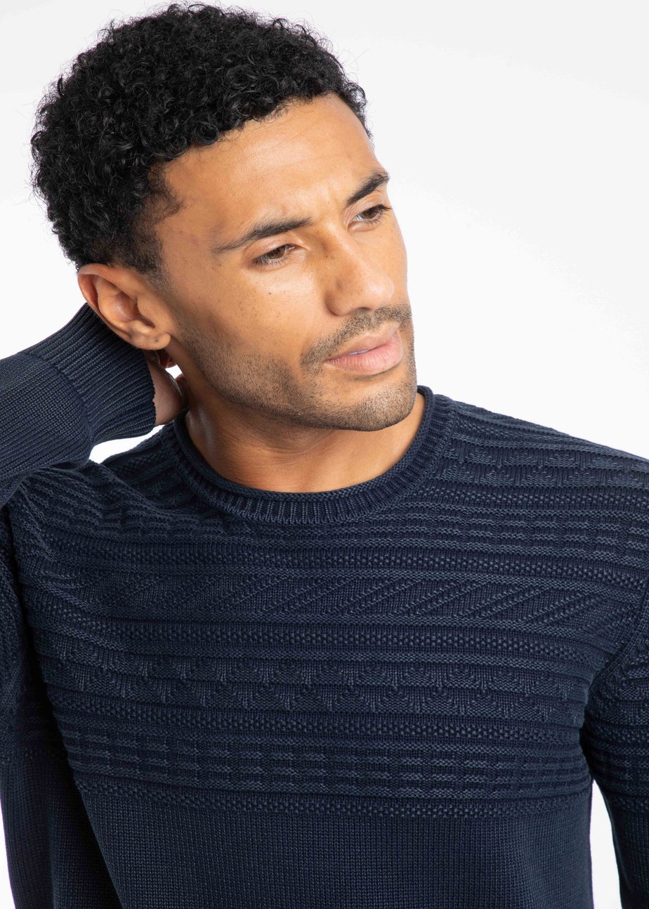 Weird Fish Navy Fahri Mixed Stitch Crew Neck Jumper