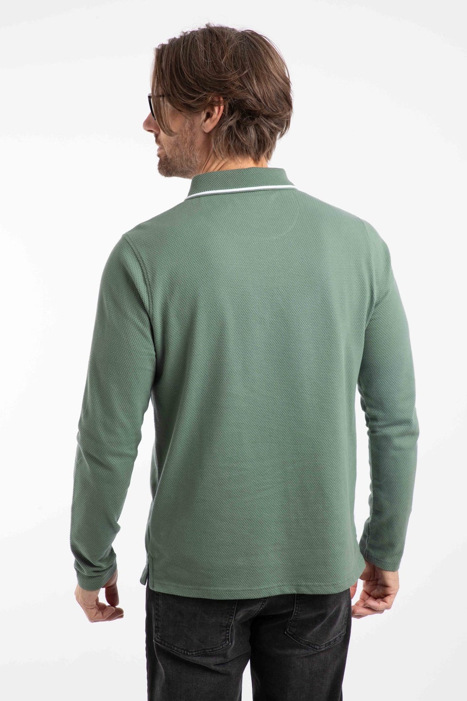 Weird Fish Army Green Theo Textured Long Sleeve Polo Shirt
