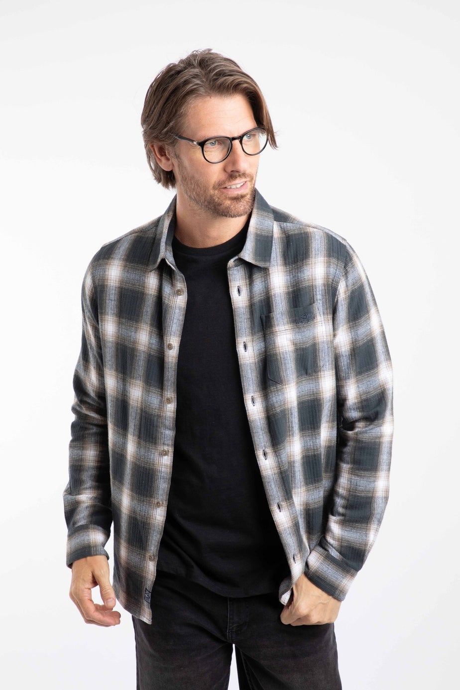 Weird Fish Grey Broxton Long Sleeve Herringbone Check Shirt