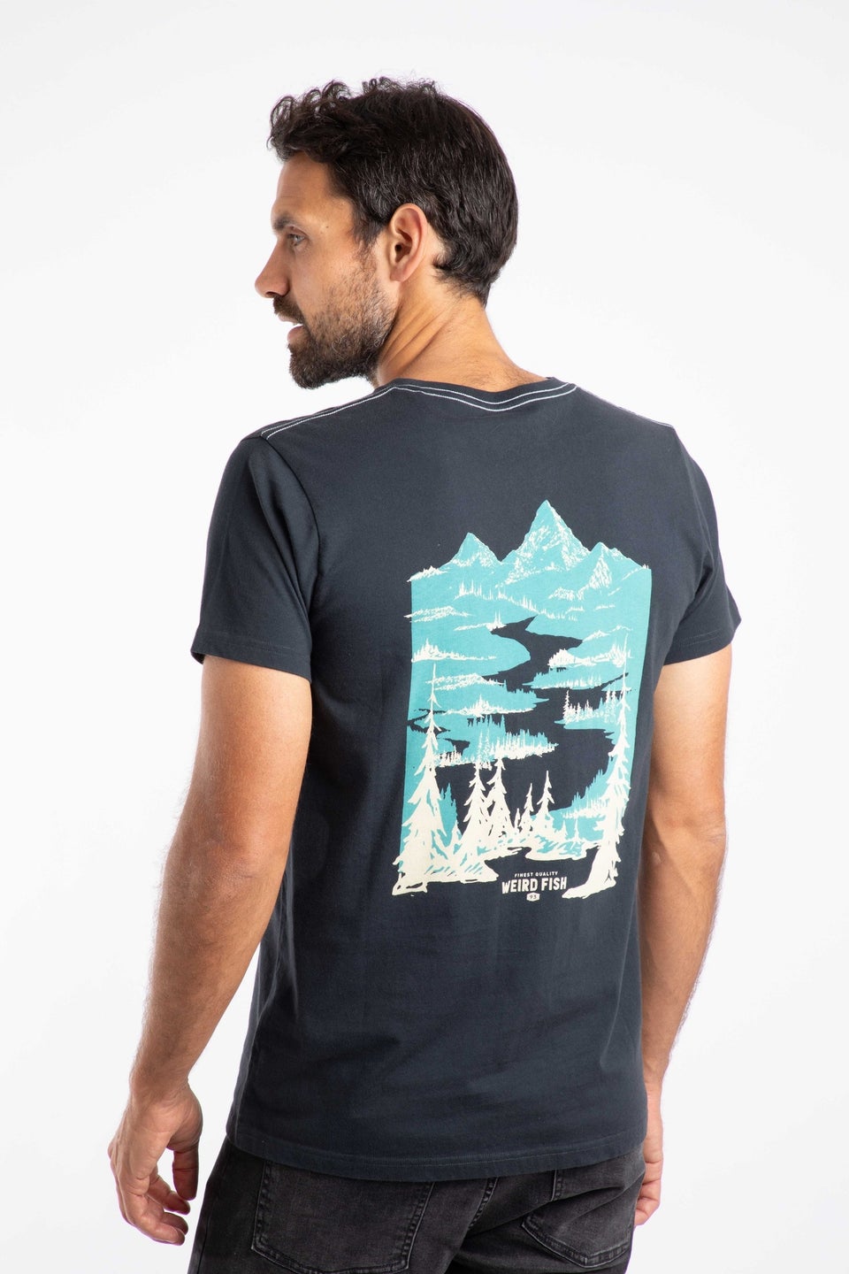 Weird Fish Navy Mountain Valley Back Print Graphic T-Shirt