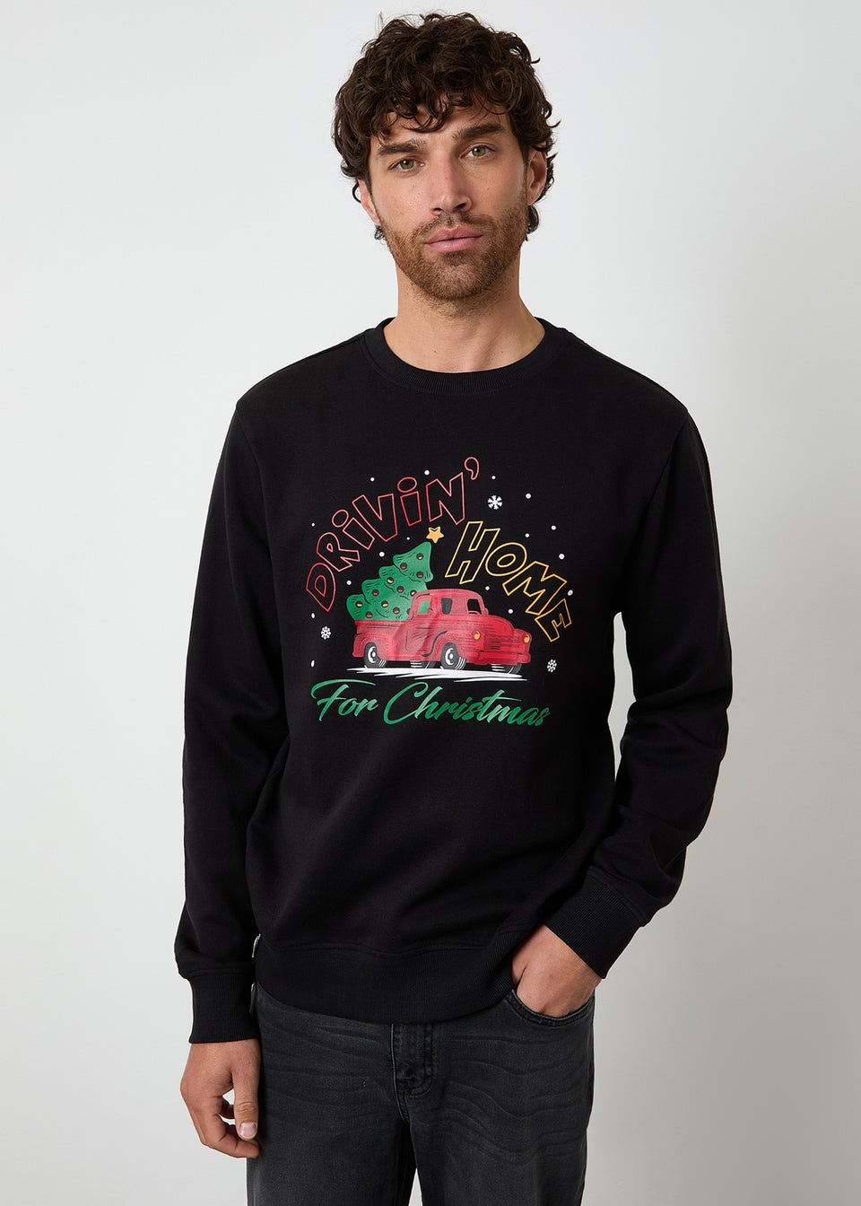 Threadbare Black Christmas Graphic Print Crew Neck Sweatshirt