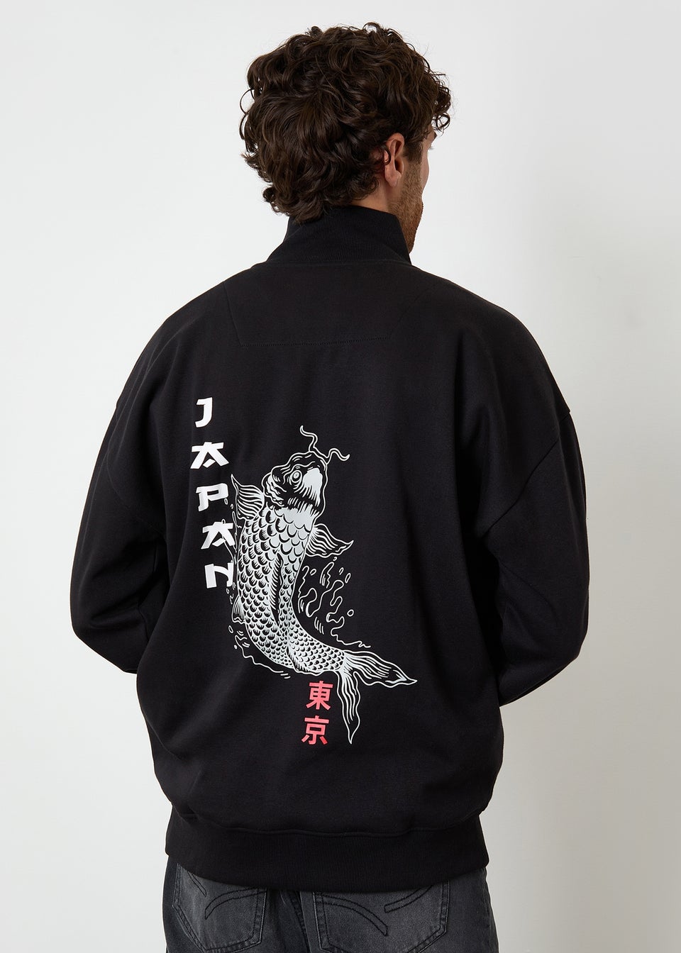 Threadbare Black Graphic Print Quarter Zip Sweatshirt